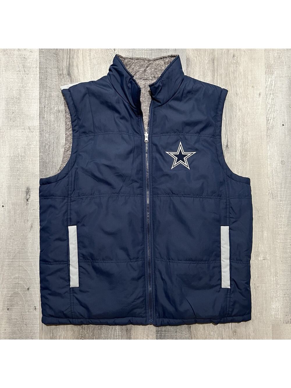 Dallas Cowboys Reversible Puffer Vest Navy Blue White Grey Mens XL NFL Football
